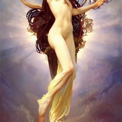 Image similar to a stunning dynamic pose full body of a celestial goddess of the ethereal cosmos, intricate, 8k highly professionally detailed, hdr, CGSociety, dark fantasy, dynamic lighting, cinematic, pristine, smooth, cosplay, elegant, sharp focus, art by alphonse mucha and greg rutkowski,