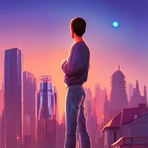 Prompt: futuristic portrait steve jobs standing cybercity, golden hour, poster by michael whelan and gilbert williams and evgeny lushpin and artgerm and alena aenami, 3 0 mm, well proportioned, highly detailed, rule of thirds, long exposure