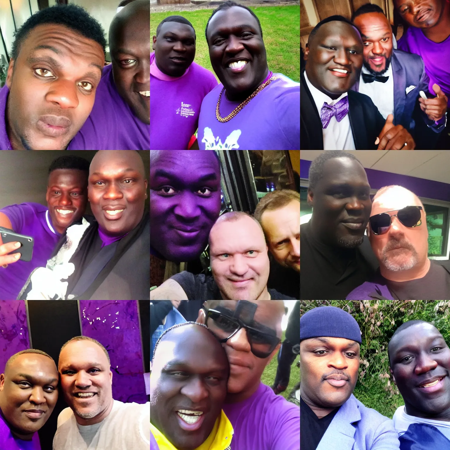 Prompt: purple aki and barney selfie