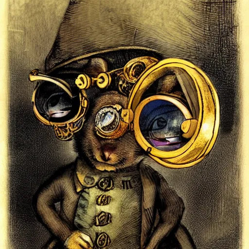 Image similar to a rat with steampunk googles, by John Martin
