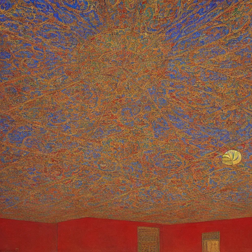 Image similar to brightly coloured patterns on its ceilings, osman hamdi bey style,