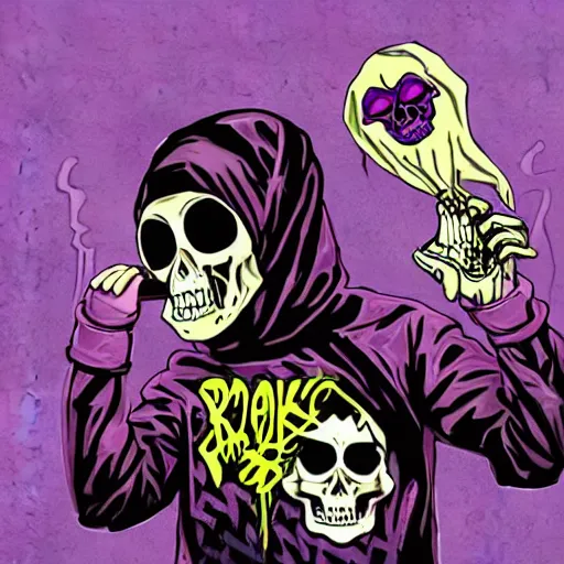 Prompt: Phonk album cover, triple six, 666, ski mask, bandana, hooded figure wearing a bandana over face, skulls, cemetery, sinister, purple drank, lean, Memphis rap, car drifting, flares, smoke, graffiti