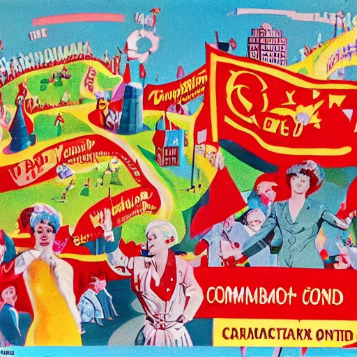 Image similar to a communist revolution in Candy Land, 1960s historical photo