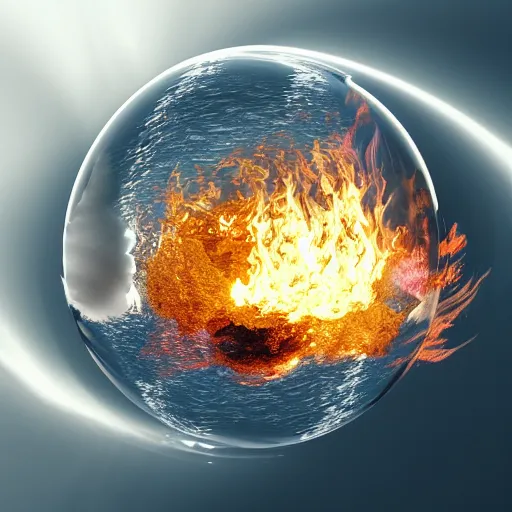 Image similar to water, fire, earth and air in one element, swirling around in a sphere, amazing detail, ray tracing