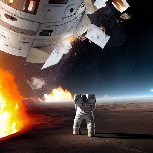 Image similar to astronaut stranded on planet, destroyed ship that is crash landing, exploding planet in background, fire, white smoke, impending fear, 4 k, dystopian, lonely, isolated space station in space, sci - fi, crash landing, asteroids.