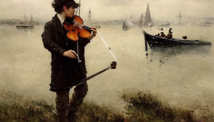 Image similar to angel alone playing on a violin near the shore, boats in the background, foggy morning, clouds in the sky, russian oil painting, serov, surikov, vasnetsov, repin, kramskoi, paint texture, uplight, insanely detailed and intricate, high resolution, Charlie Bowater, Tom Bagshaw, Norman Rockwell, octane rendered, unreal engine, illustration, trending on artstation, masterpiece, 8k