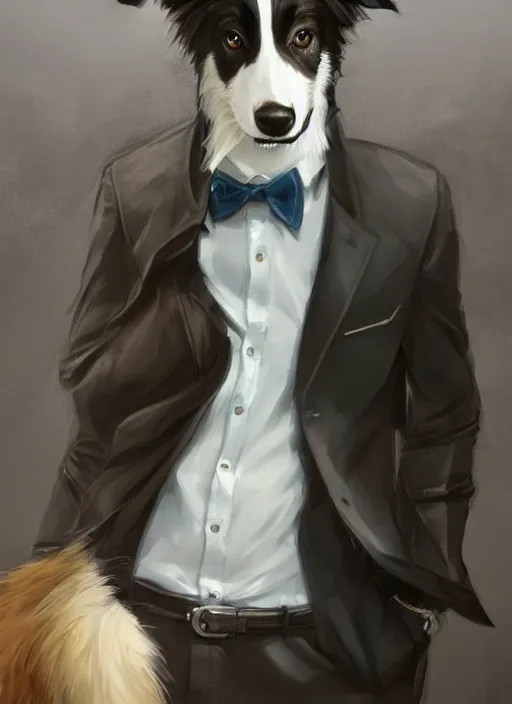 Prompt: beautiful portrait of a cute male anthropomorphic border collie fursona wearing a suit downtown. by charlie bowater, henry asencio, and ross tran. scenic background, detailed, concept art, detailed hands, glamor pose, aesthetic, trending on artstation, top rated on furaffinity and deviantart