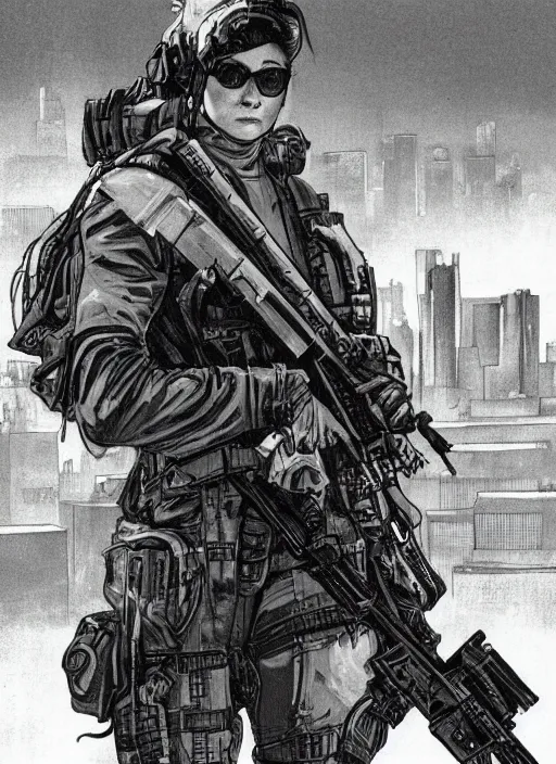 Image similar to Dinah. USN special forces operator looking at city skyline. Futuristic gear. mgs and rb6s Concept art by James Gurney and Alphonso Mucha.