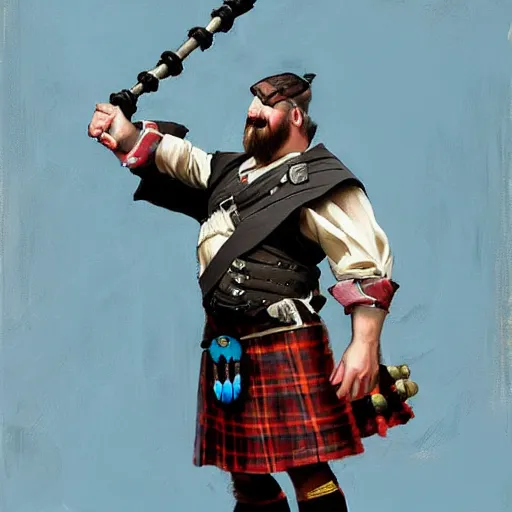Prompt: greg manchess portrait painting of scottish man playing the bagpipesr overwatch character, medium shot, asymmetrical, profile picture, organic painting, sunny day, matte painting, bold shapes, hard edges, street art, trending on artstation, by huang guangjian and gil elvgren and sachin teng