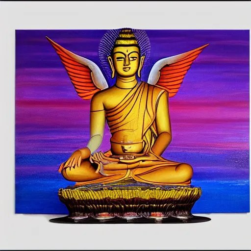 Image similar to Siddhartha Gautama with wings, flapping its wings flying in sunset sky, oil on canvas, portrait, intricate, 8k highly professionally detailed, HDR, CGsociety