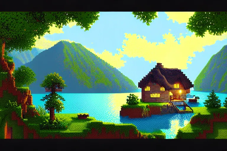 Image similar to view of a cottage above an azure lake, beautiful detailed pixelart by waneella and by albertov, intricate details, beautiful, volumetric lighting, cgsociety, artstation