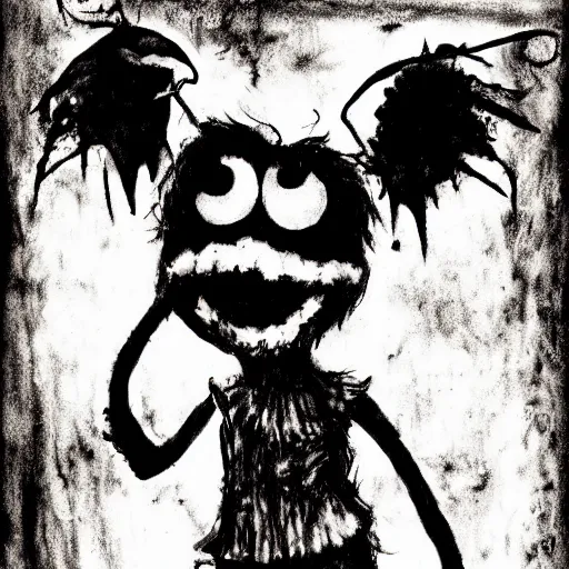 Prompt: grunge drawing of elmo by mrrevenge, corpse bride style, horror themed