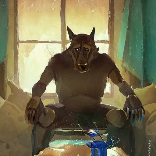 Image similar to a humanoid german shepherd beast - man, sitting and watching a soccer match in his house on television, he has hurt his knee and is a dad, by erin hanson, alexi zaitsev, karl spitzweg, award winning, tv set