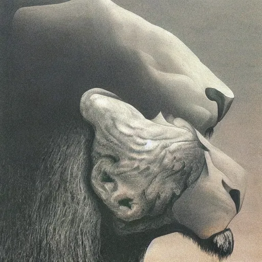 Image similar to metamorph with four faces : man's, lion's, eagle's, bull's. drawn by zdzislaw beksinski