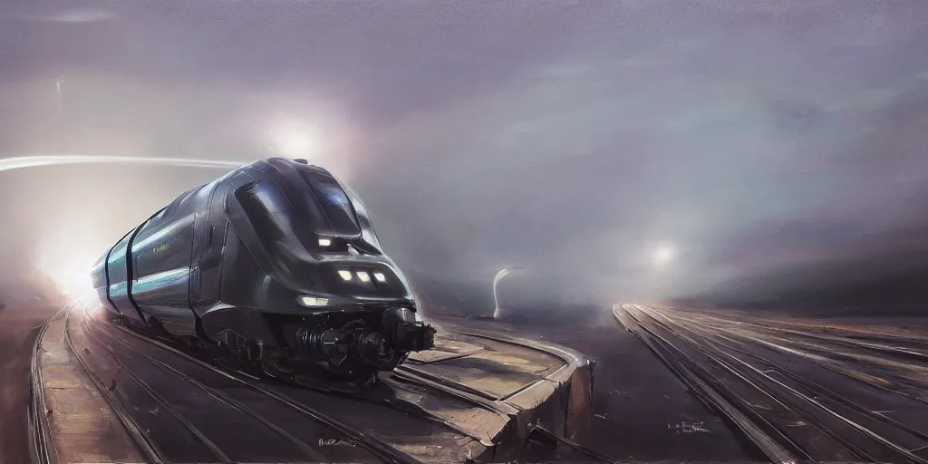 Image similar to highly detailed painting of powerful futuristic streamline train speeding. romanticism. extreme speed with headlight shining brightly into the fog. dramatic lighting. motion streaks.. vanishing point.