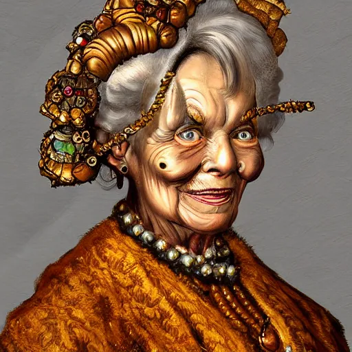 Image similar to portrait headshot digital painting of a old 17th century old lady cyborg merchant, amber jewels clorful feathers baroque ornate clothing