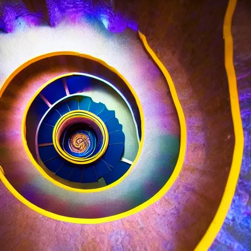 Prompt: A beautiful spiral staircase winding down to a colorfully lit chasm, view from above