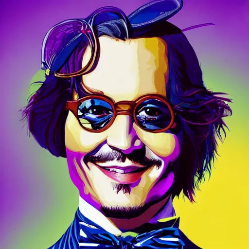 Image similar to portrait of johnny depp without mustache and beard as willy wonka, highly detailed, centered, solid color background, digital painting