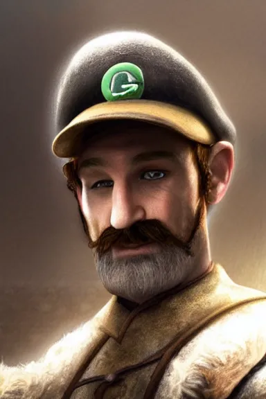 Image similar to very very intricate photorealistic photo of a realistic human version of luigi wearing his hat in an episode of game of thrones, photo is in focus with detailed atmospheric lighting, award - winning details