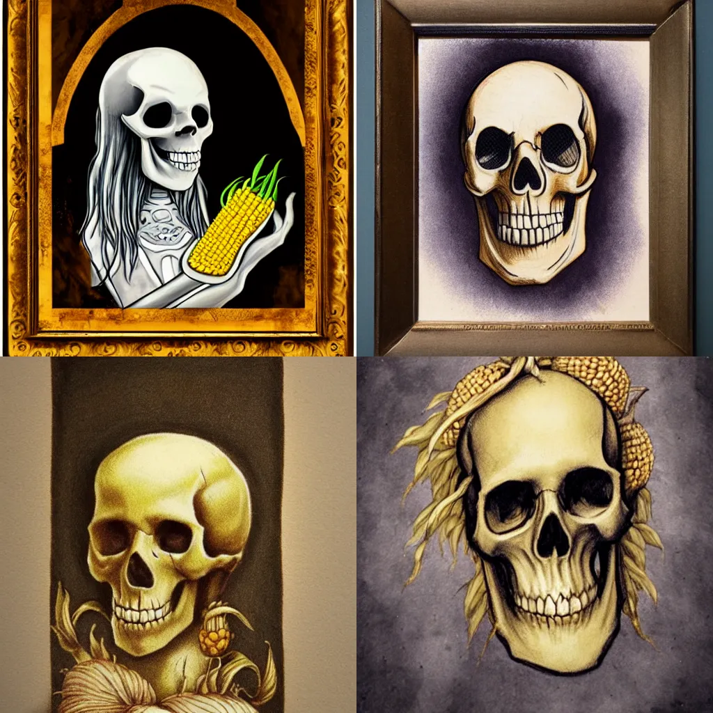 Prompt: necromancer with a skull made of corn, portrait, ethereal