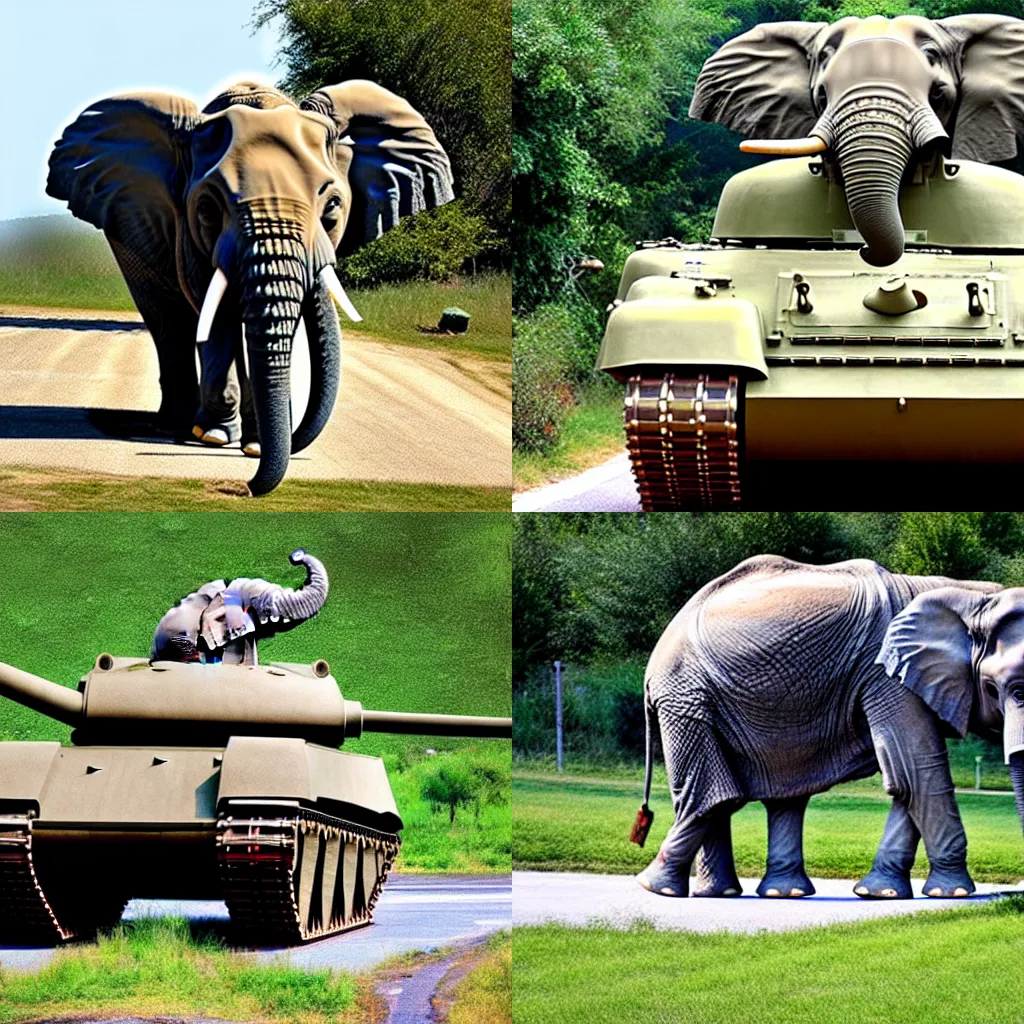 Prompt: tank turns into elephant with elephant head