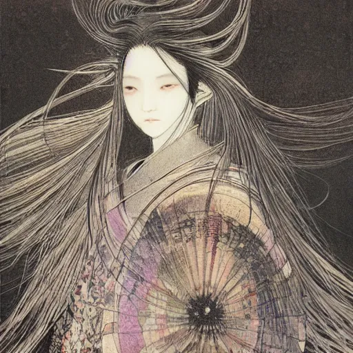 Image similar to yoshitaka amano blurred and dreamy illustration of a japanese woman with black eyes, wavy white hair fluttering in the wind wearing elden ring armor with engraving, abstract patterns in the background, noisy film grain effect, highly detailed, renaissance oil painting, weird portrait angle, blurred lost edges, three quarter view