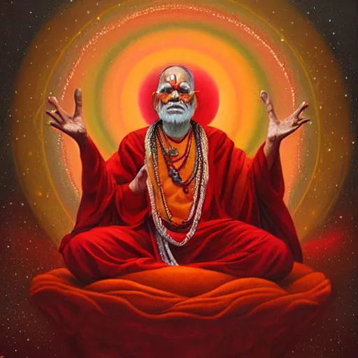 Image similar to wise old Indian guru, floating in the air, red and gold, by Anato Finnstark, Tom Bagshaw, Brom