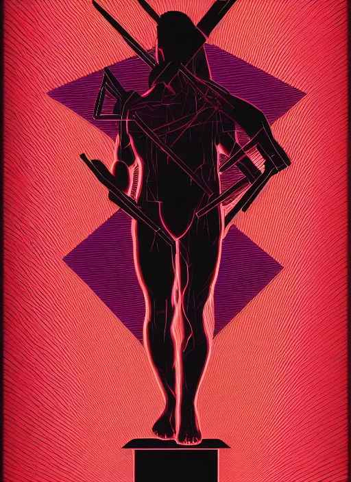 Image similar to elegant dark design poster showing a dynamic statue of achilles, black background with very subtle red and purple design elements, bold, powerful, nekro, vito acconci, thin straight purple lines, dark, glitch art, neo vaporwave, gritty, layout frame, square, trending on artstation