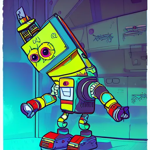 Image similar to cyberpunk robotic spongebob squarepants, sharp lines, digital, artstation, colored in