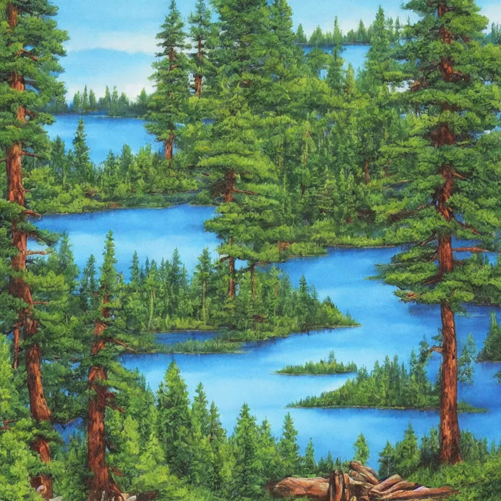 Prompt: a lake surrounded by pine trees painted by Bob Ross