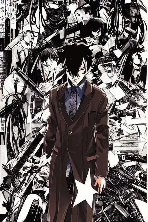 Image similar to professionally drawn seinen mature cyberpunk detective horror action manga comic cover about the police and samurai, full color, beautifully drawn coherent professional, drawn by ilya kuvshinov, satoshi kon, and hiromu arakawa and tsutomu nihei. japanese script kanji hiragana on the cover. simplistic minimalist cover art. stylized stylistic.