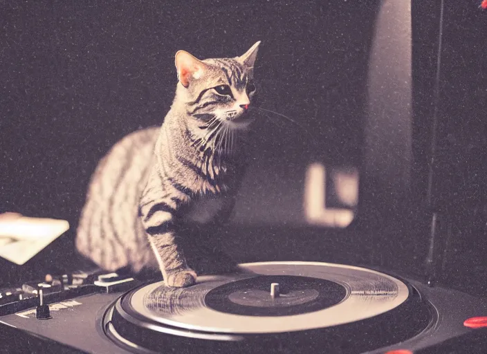 Image similar to photography of a Cat sitting on a record player. in a room full of posters, photorealistic, raining award winning photo, 100mm, sharp, high res