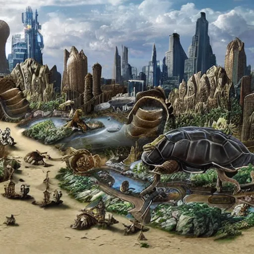 Prompt: fantasy city atop a giant tortoise traveling through a barren dessert on a hot day. Realistic. Hyper detailed. Dungeons and dragons.