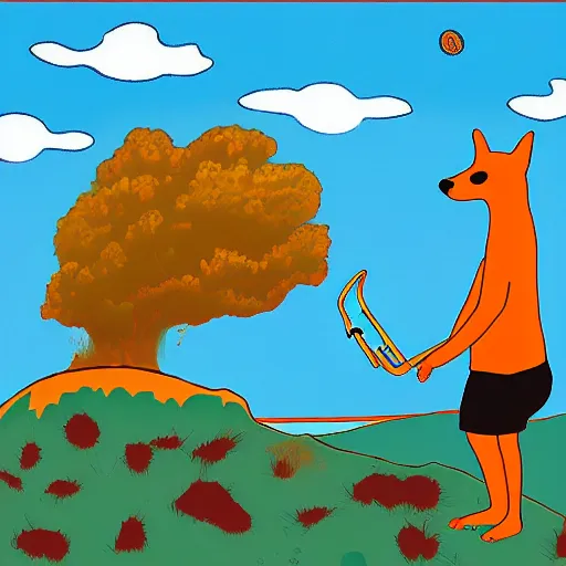 Image similar to a killer acid illustration of a dingo trumpet player standing alone on a hill near the river, filling the sky with music