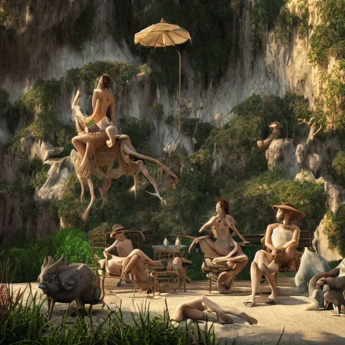 Image similar to a group of characters in a scenic environment by salvador dali, dreamy hazy, highly detailed, 3 d render, vray, octane, realistic lighting, photorealistic