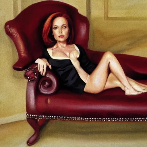 Image similar to dana scully on a chaise lounge, oil on canvas, highly detailed, masterpiece, art by rubens