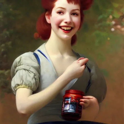 Prompt: a smiling girl with short grey red hair proudly holding a fido jar into the camera. close up. the fido jar is filled with big green pickles. by ralph mcquarrie. by noriyoshi ohrai, franz xaver winterhalter