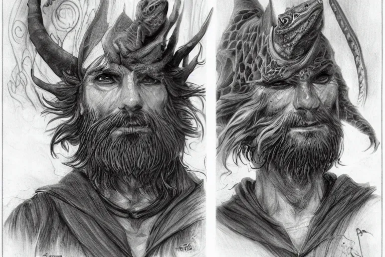 Image similar to 1979 Portrait of a bearded dragon wizard in high fantasy style by Chris Rahn. Trending on r/characterdrawing