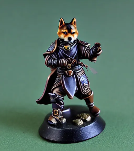 Image similar to a shiba inu, resin miniature, 2 8 mm heroic scale, games workshop, deity, citadel colour, glowing eyes, osl, nmm, r / paintedminis, round base, fantasy ttrpg villain, dungeons and dragons, reaper minis