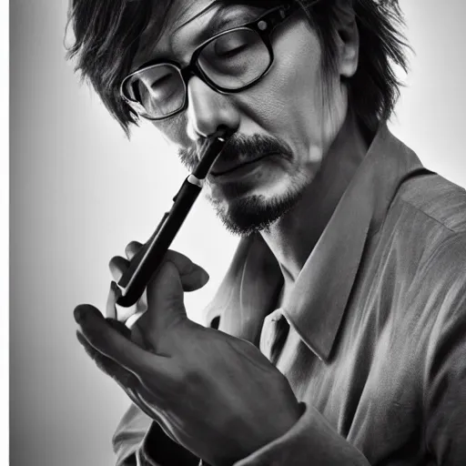 Prompt: photorealistc photograph of hideo kojima smoking a vape. black and white. intricate detail, volumetric smoke