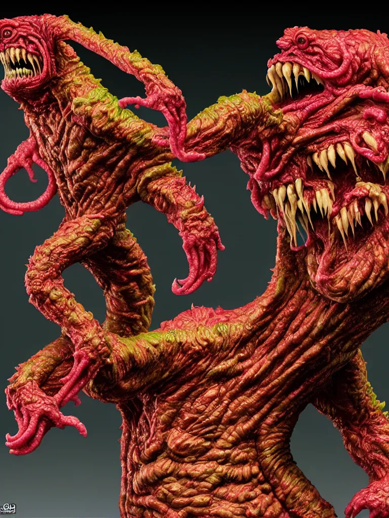 Prompt: hyperrealistic rendering, fat smooth wet cronenberg flesh monster smooth kaiju by art of skinner and richard corben and jeff easley, product photography, action figure, sofubi, studio lighting, colored gels, skulls and ribcages