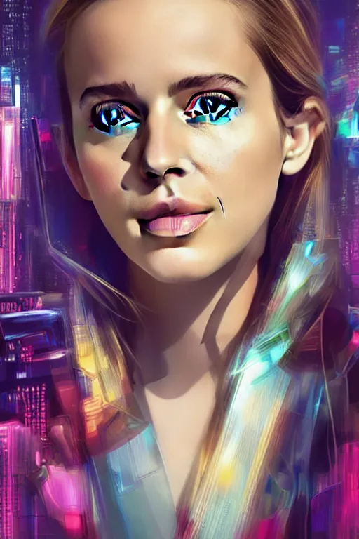 Image similar to Emma Watson, head and shoulders portrait, the background is a huge futuristic city, cyberpunk style futuristic neon lights, artstation cgsociety masterpiece highly-detailed