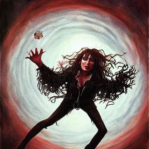 Image similar to kate bush battling vecna from stranger things, d & d, exquisite airbrush painting from the eighties, intricate detail, artstation,