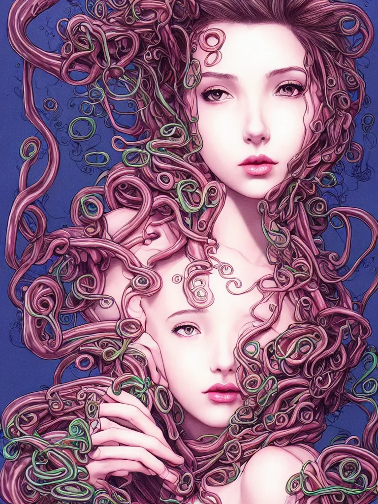 Image similar to bemused to be enveloped in slimey tentacles Aerith Gainsborough  portrait looking straight on, complex artistic color ink pen sketch illustration, full detail, gentle shadowing, fully immersive reflections and particle effects, concept art by Artgerm