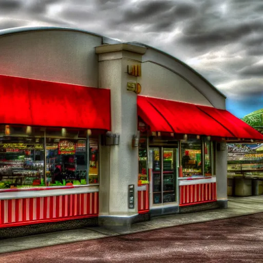 Prompt: Hamburger House in Fast Food Land, Realistic, HDR, Clear Image, HDD, RTX ON,