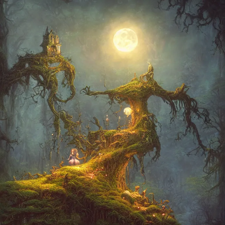 Prompt: a large haunting moon behind a fairytale Ent by Justin Gerard and Thomas Kinkade, fantasy art, moody lighting, 4k