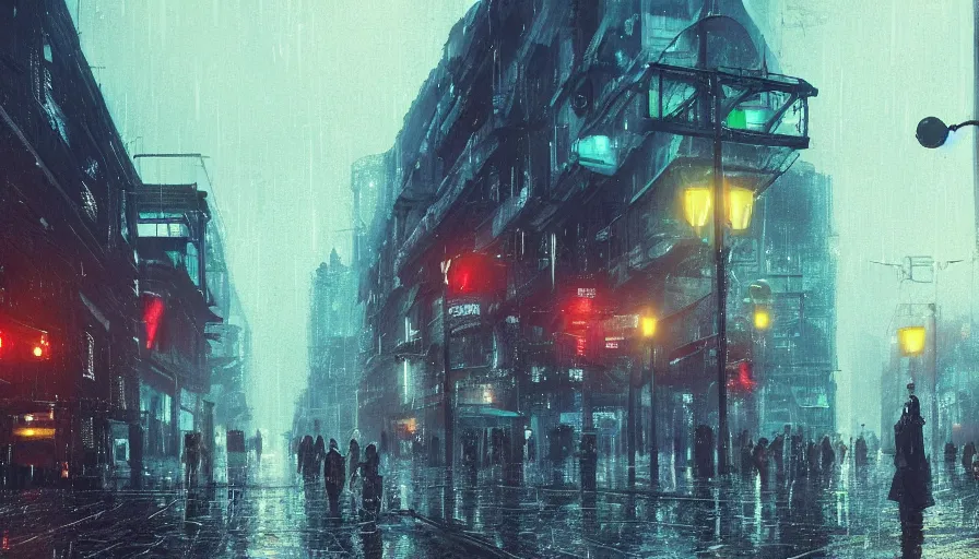 Image similar to A digital painting of a close-up view of a raining cyberpunk street, some street lights and padestrians, by Ismail Inceoglu and Caspar David Friedrich, stunning, photorealistic, highly-detailed, 4k, ue5, light effect, rtx on, realistic, cinematic, IMAX quality, trending on artstation