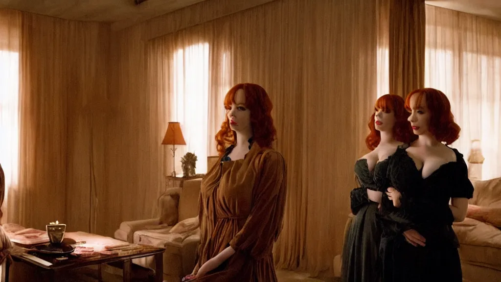 Image similar to a very surprised beautiful Christina Hendricks and her twin sister in the living room, film still from the movie directed by Denis Villeneuve with art direction by Salvador Dalí, wide lens