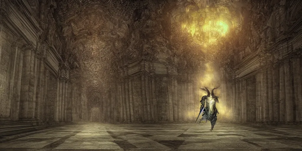 Image similar to fantasy demon walk through a monumental extremely large hall, long shot, digital art