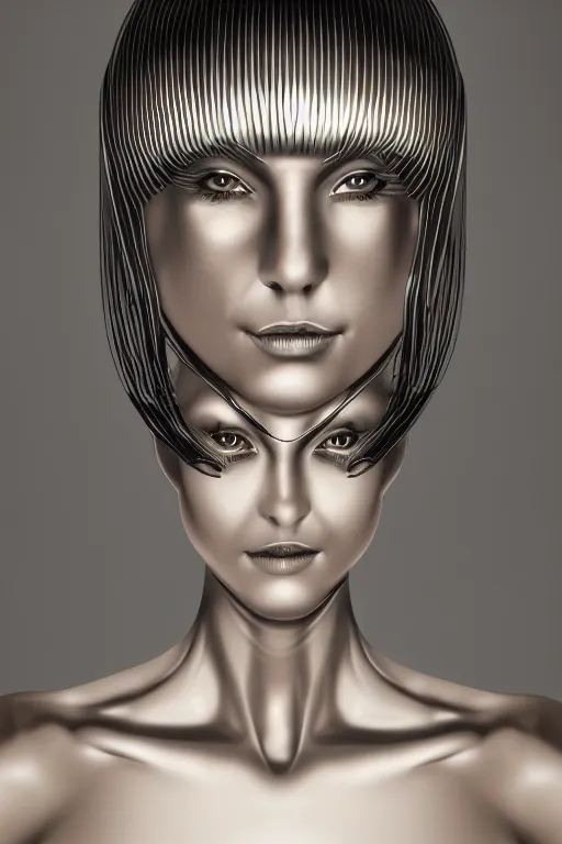 Image similar to realistic photo portrait of a metal woman in the style of hajime sorayama, studio lighting, 1 5 0 mm